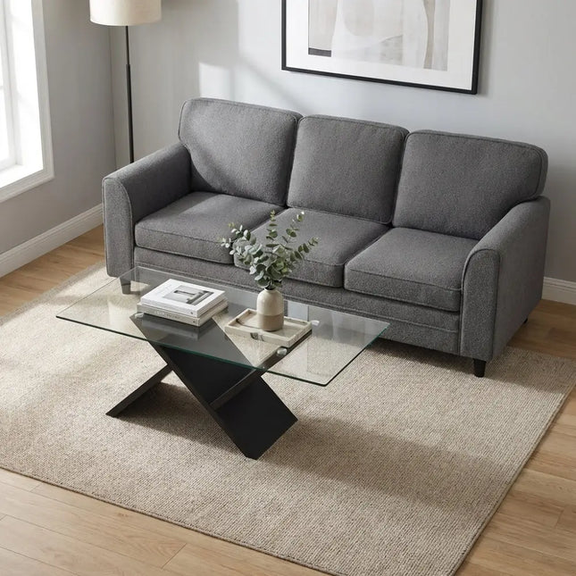 Contemporary Living Room Furniture Suite: Modern 3-Seat Teddy Velvet Sofa + 47-Inch Glass Coffee Table - Living Room