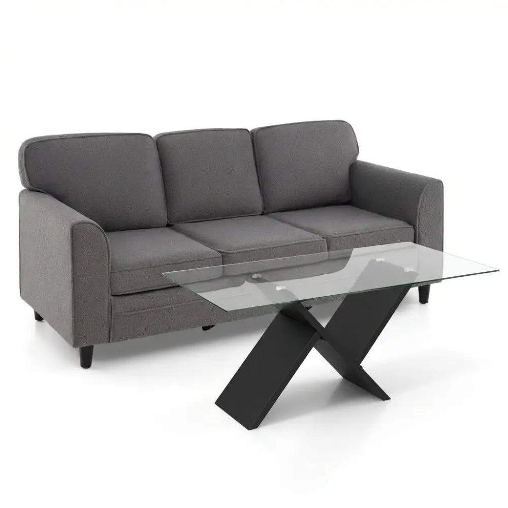 Contemporary Living Room Furniture Suite: Modern 3-Seat Teddy Velvet Sofa + 47-Inch Glass Coffee Table - Living Room