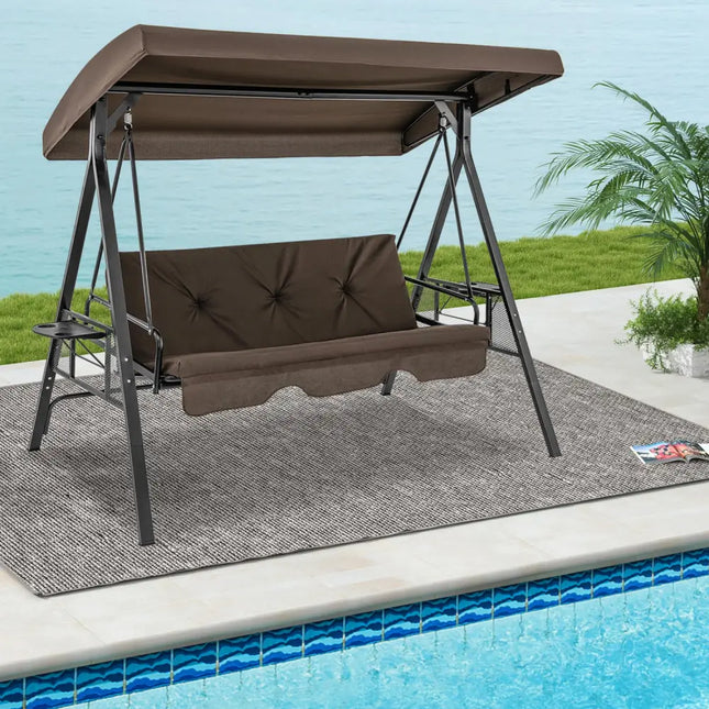 Convertible 3-Seat Patio Porch Swing Chair to Flat Bed with Adjustable Canopy-Brown - Brown - Porch Swings