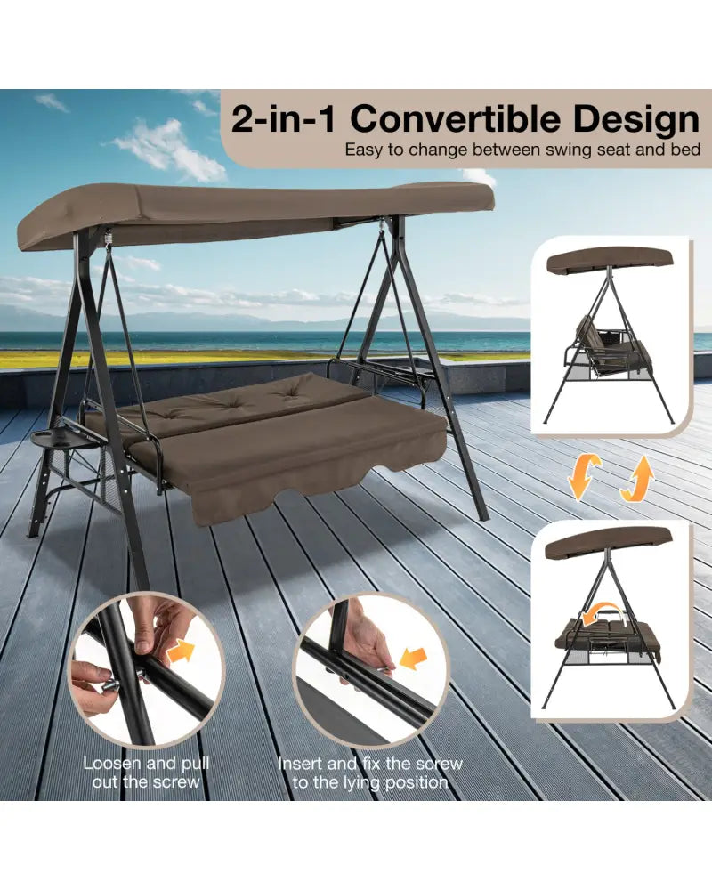 Convertible 3-Seat Patio Porch Swing Chair to Flat Bed with Adjustable Canopy-Brown - Brown - Porch Swings