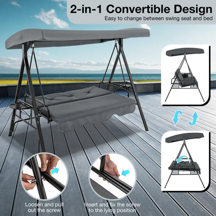 Convertible 3-Seat Patio Porch Swing Chair to Flat Bed with Adjustable Canopy-Gray - Gray - Porch Swings