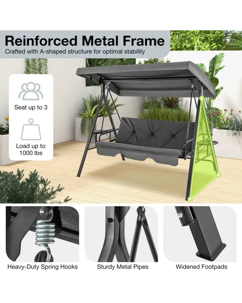 Convertible 3-Seat Patio Porch Swing Chair to Flat Bed with Adjustable Canopy-Gray - Gray - Porch Swings