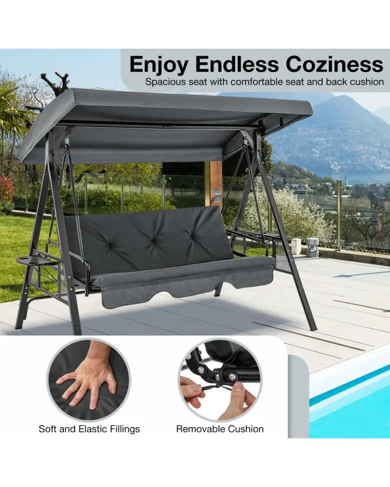 Convertible 3-Seat Patio Porch Swing Chair to Flat Bed with Adjustable Canopy-Gray - Gray - Porch Swings