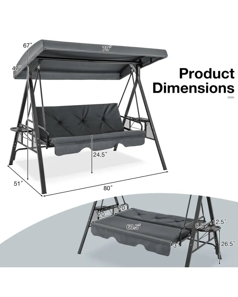 Convertible 3-Seat Patio Porch Swing Chair to Flat Bed with Adjustable Canopy-Gray - Gray - Porch Swings