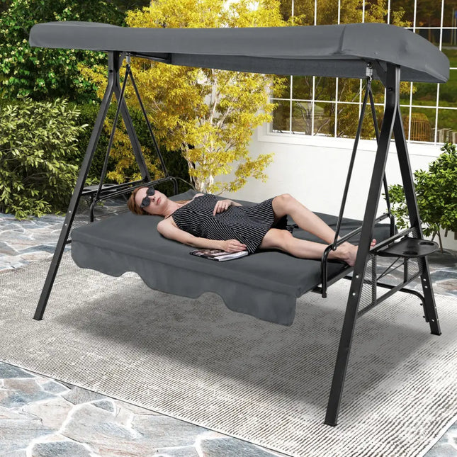 Convertible 3-Seat Patio Porch Swing Chair to Flat Bed with Adjustable Canopy-Gray - Gray - Porch Swings