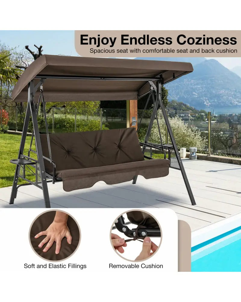 Convertible 3-Seat Patio Porch Swing Chair to Flat Bed with Adjustable Canopy-Brown - Brown - Porch Swings