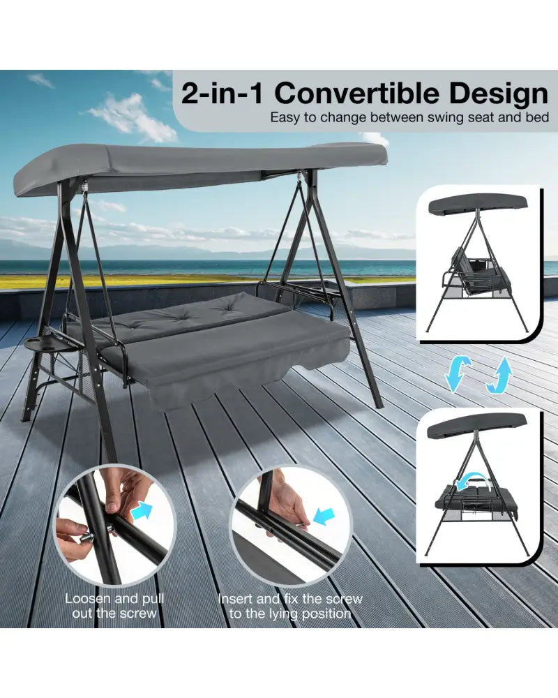 Convertible 3-Seat Patio Porch Swing Chair to Flat Bed with Adjustable Canopy-Gray - Gray - Porch Swings