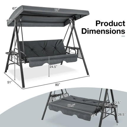 Convertible 3-Seat Patio Porch Swing Chair to Flat Bed with Adjustable Canopy-Gray - Gray - Porch Swings
