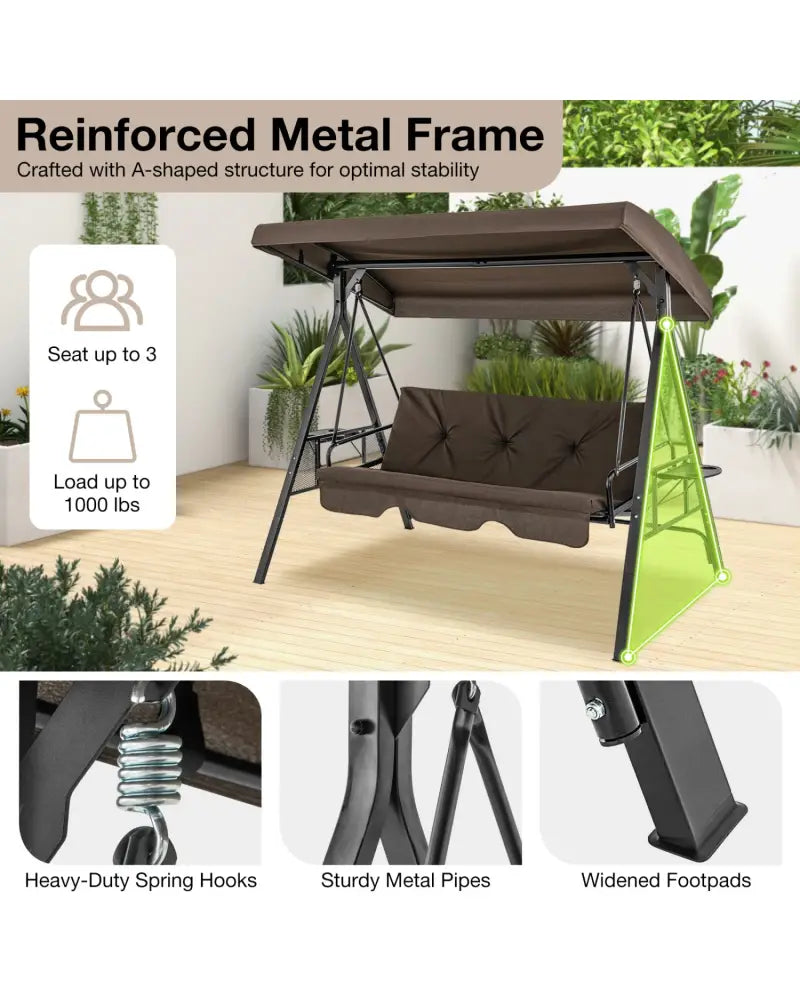 Convertible 3-Seat Patio Porch Swing Chair to Flat Bed with Adjustable Canopy-Brown - Brown - Porch Swings