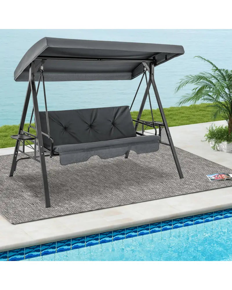 Convertible 3-Seat Patio Porch Swing Chair to Flat Bed with Adjustable Canopy-Gray - Gray - Porch Swings