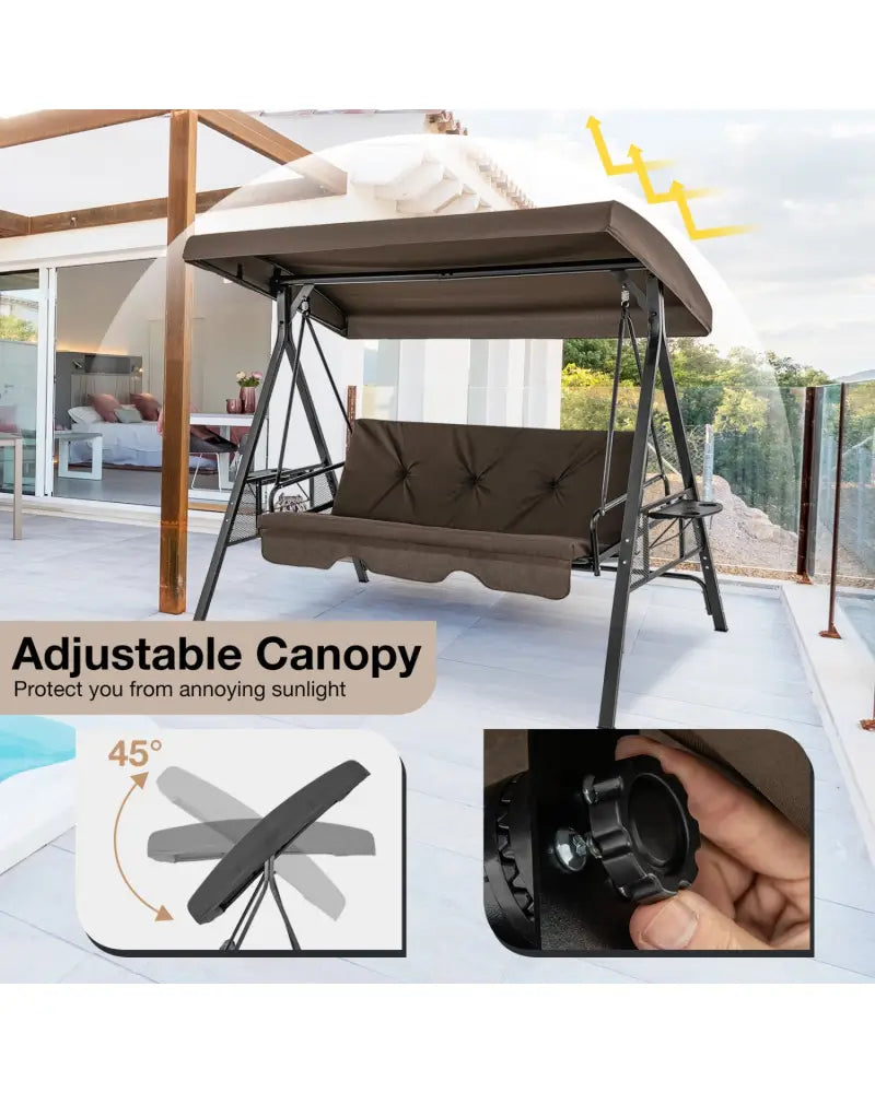 Convertible 3-Seat Patio Porch Swing Chair to Flat Bed with Adjustable Canopy-Brown - Brown - Porch Swings