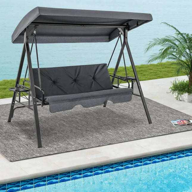 Convertible 3-Seat Patio Porch Swing Chair to Flat Bed with Adjustable Canopy-Gray - Gray - Porch Swings