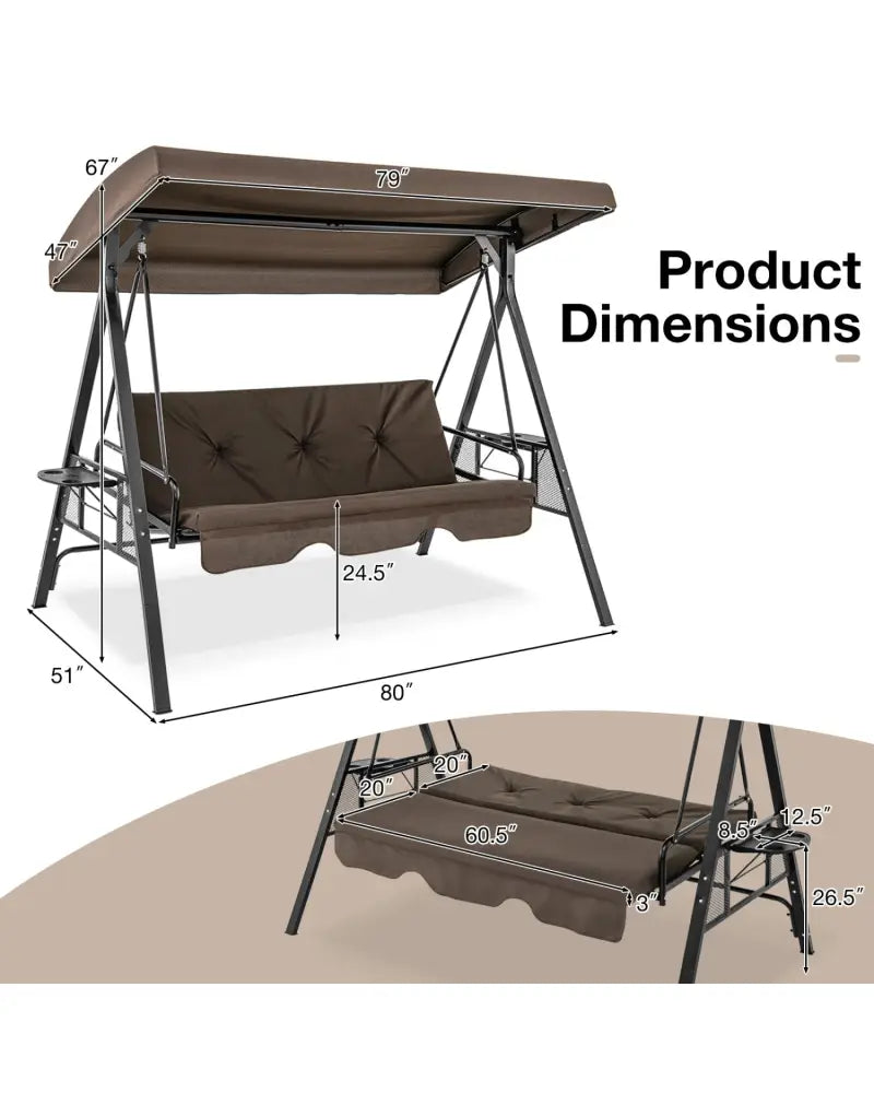 Convertible 3-Seat Patio Porch Swing Chair to Flat Bed with Adjustable Canopy-Brown - Brown - Porch Swings