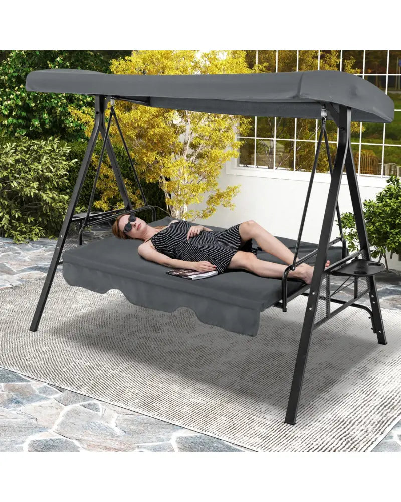 Convertible 3-Seat Patio Porch Swing Chair to Flat Bed with Adjustable Canopy-Gray - Gray - Porch Swings