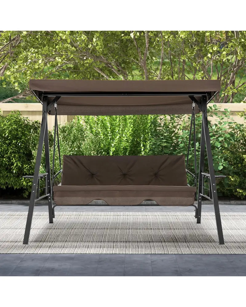 Convertible 3-Seat Patio Porch Swing Chair to Flat Bed with Adjustable Canopy-Brown - Brown - Porch Swings