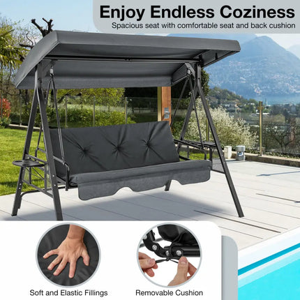 Convertible 3-Seat Patio Porch Swing Chair to Flat Bed with Adjustable Canopy-Gray - Gray - Porch Swings