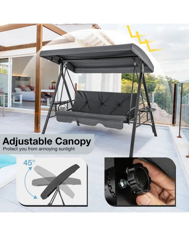 Convertible 3-Seat Patio Porch Swing Chair to Flat Bed with Adjustable Canopy-Gray - Gray - Porch Swings