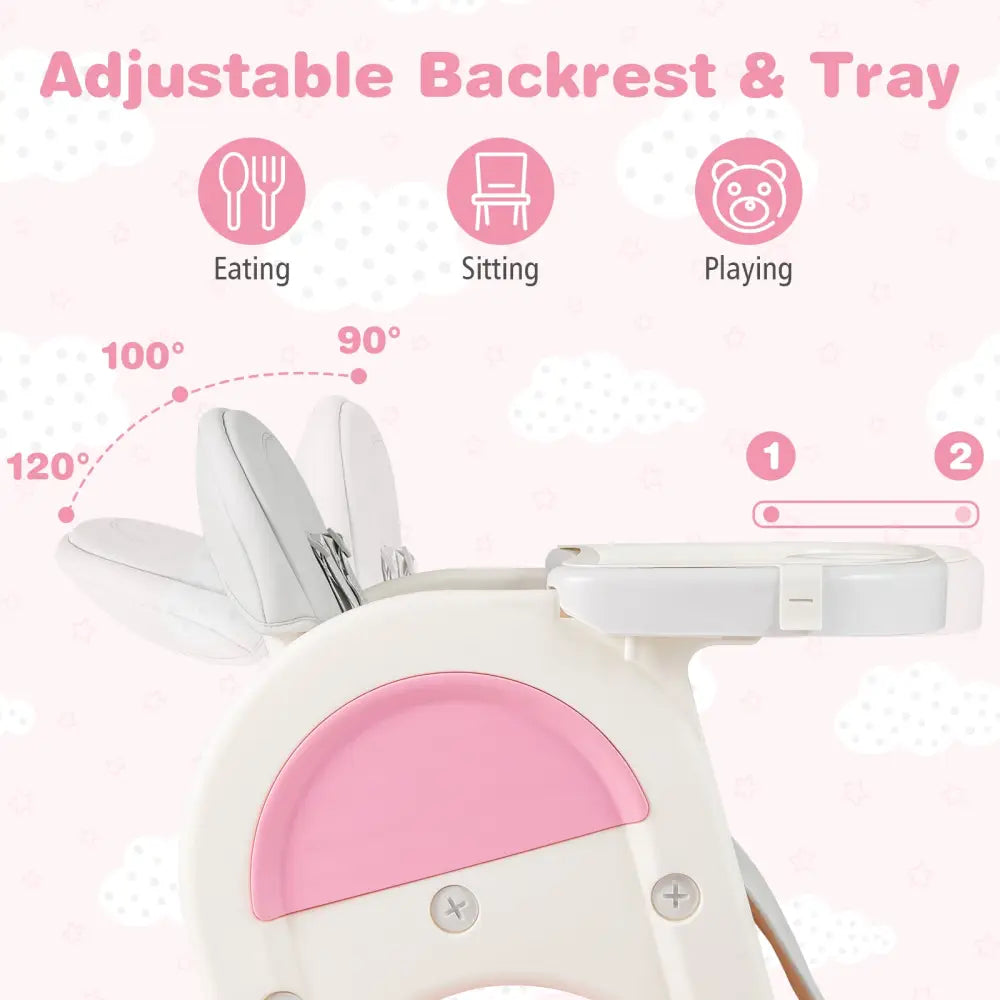 Convertible Baby High Chair with Double-layer Tray and Adjustable Backrest-Pink - Pink - High Chairs