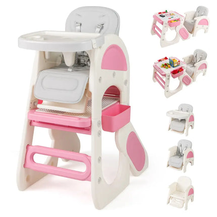 Convertible Baby High Chair with Double-layer Tray and Adjustable Backrest-Pink - Pink - High Chairs