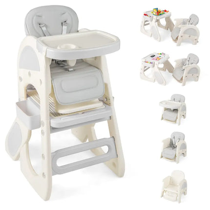 Convertible Baby High Chair with Double-layer Tray and Adjustable Backrest-Grey - Gray - High Chairs