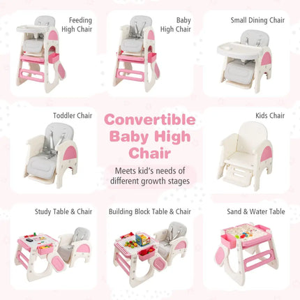 Convertible Baby High Chair with Double-layer Tray and Adjustable Backrest-Pink - Pink - High Chairs