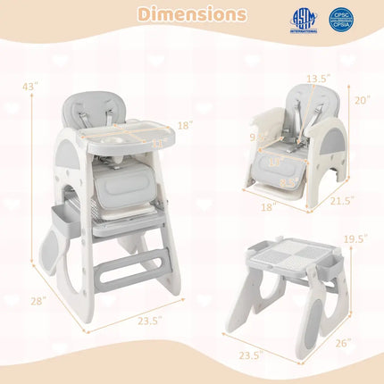 Convertible Baby High Chair with Double-layer Tray and Adjustable Backrest-Grey - Gray - High Chairs