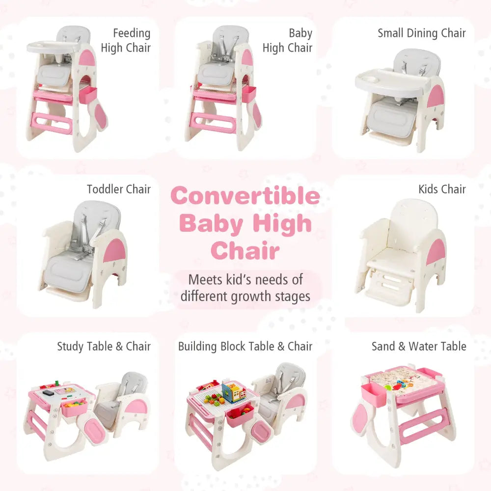 Convertible Baby High Chair with Double-layer Tray and Adjustable Backrest-Pink - Pink - High Chairs