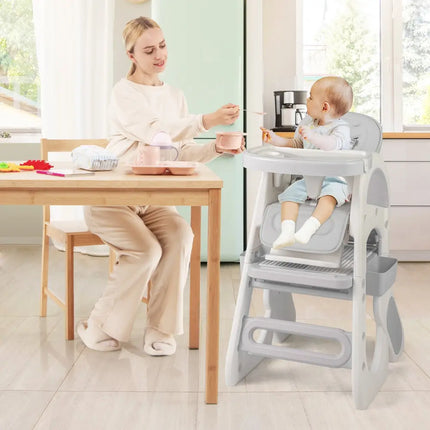 Convertible Baby High Chair with Double-layer Tray and Adjustable Backrest-Grey - Gray - High Chairs