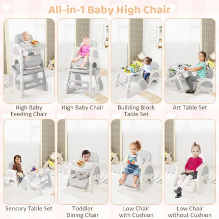 Convertible Baby High Chair with Double-layer Tray and Adjustable Backrest-Grey - Gray - High Chairs