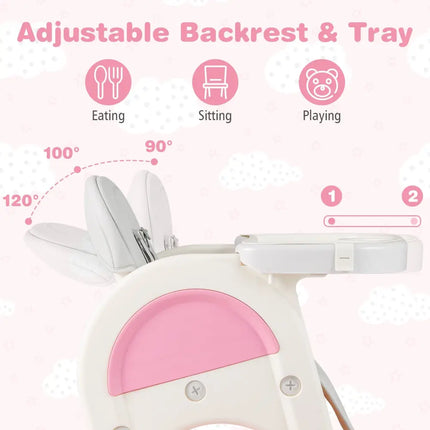 Convertible Baby High Chair with Double-layer Tray and Adjustable Backrest-Pink - Pink - High Chairs
