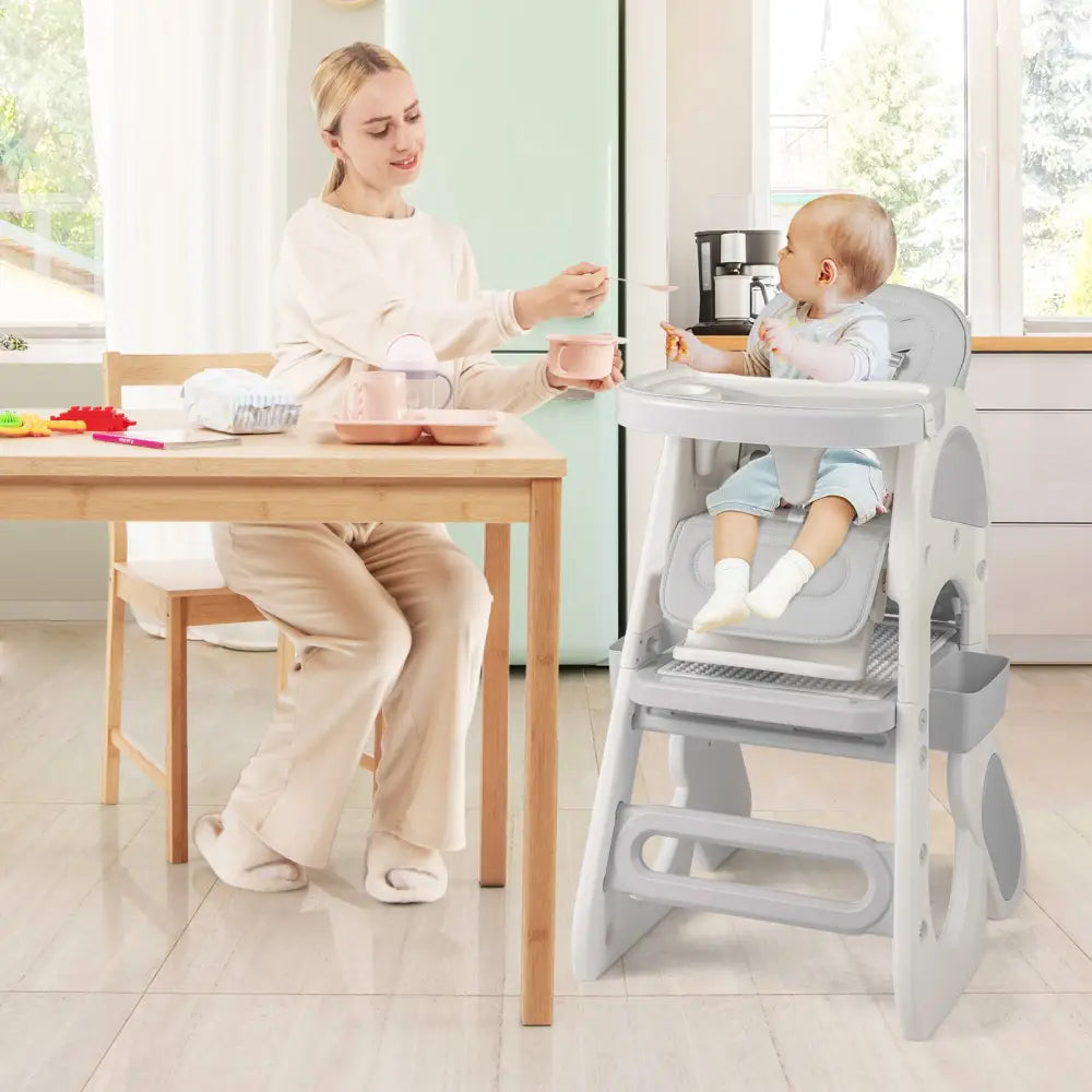 Convertible Baby High Chair with Double-layer Tray and Adjustable Backrest-Grey - Gray - High Chairs
