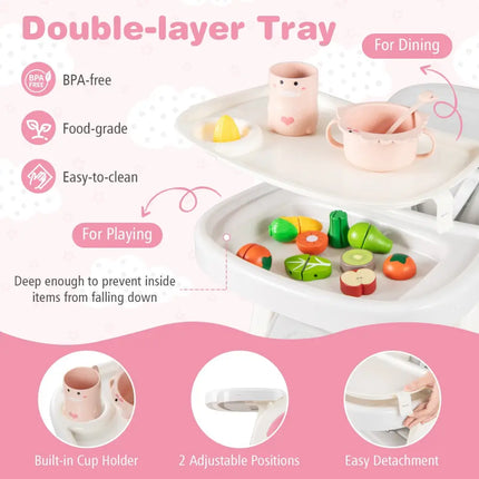 Convertible Baby High Chair with Double-layer Tray and Adjustable Backrest-Pink - Pink - High Chairs