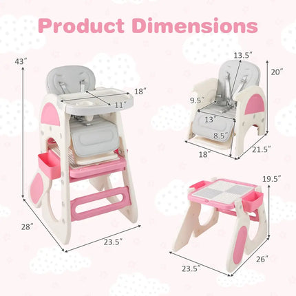 Convertible Baby High Chair with Double-layer Tray and Adjustable Backrest-Pink - Pink - High Chairs