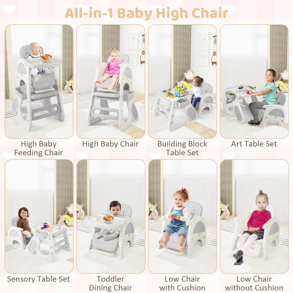 Convertible Baby High Chair with Double-layer Tray and Adjustable Backrest-Grey - Gray - High Chairs