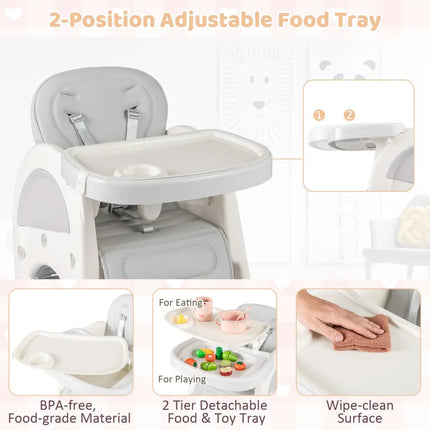 Convertible Baby High Chair with Double-layer Tray and Adjustable Backrest-Grey - Gray - High Chairs