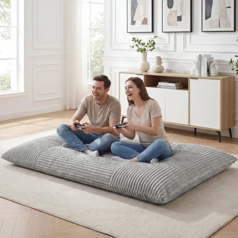 Convertible Bean Bag Floor Sofa with Machine-washable Corduroy Cover-Gray - Gray - Floor Chairs