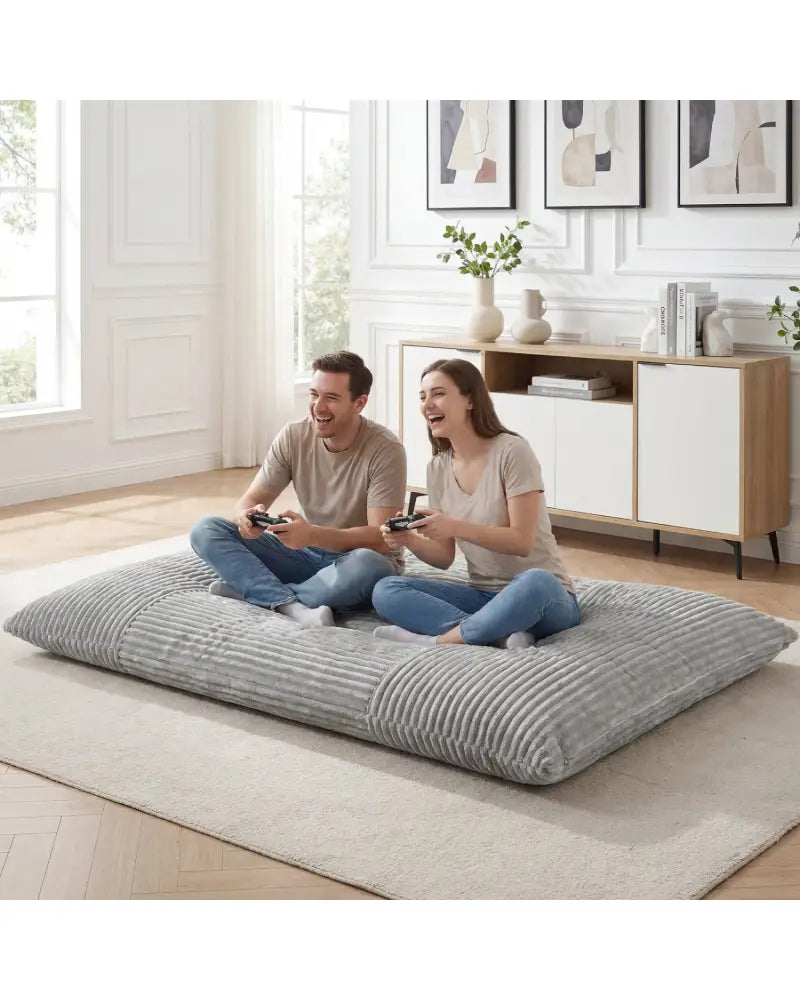 Convertible Bean Bag Floor Sofa with Machine-washable Corduroy Cover-Gray - Gray - Floor Chairs