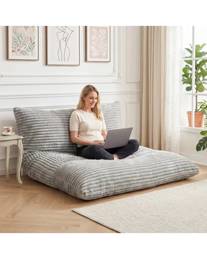 Convertible Bean Bag Floor Sofa with Machine-washable Corduroy Cover-Gray - Gray - Floor Chairs