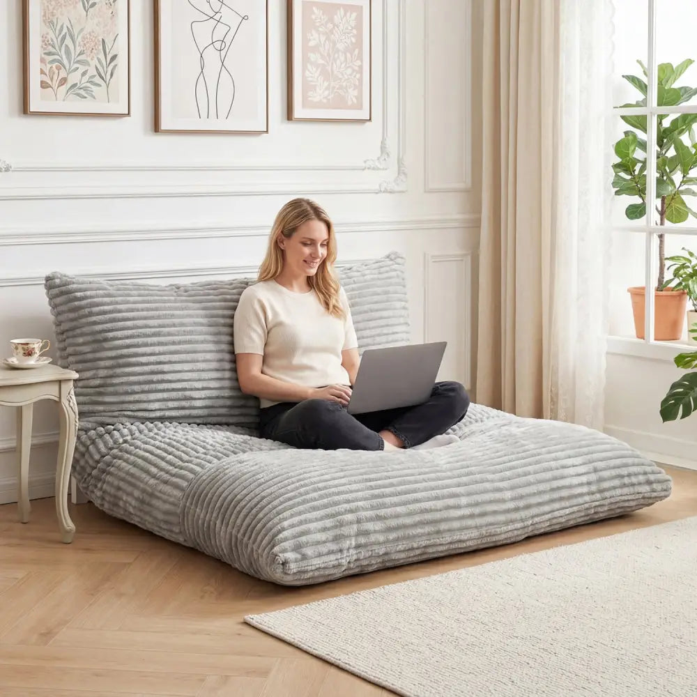 Convertible Bean Bag Floor Sofa with Machine-washable Corduroy Cover-Gray - Gray - Floor Chairs