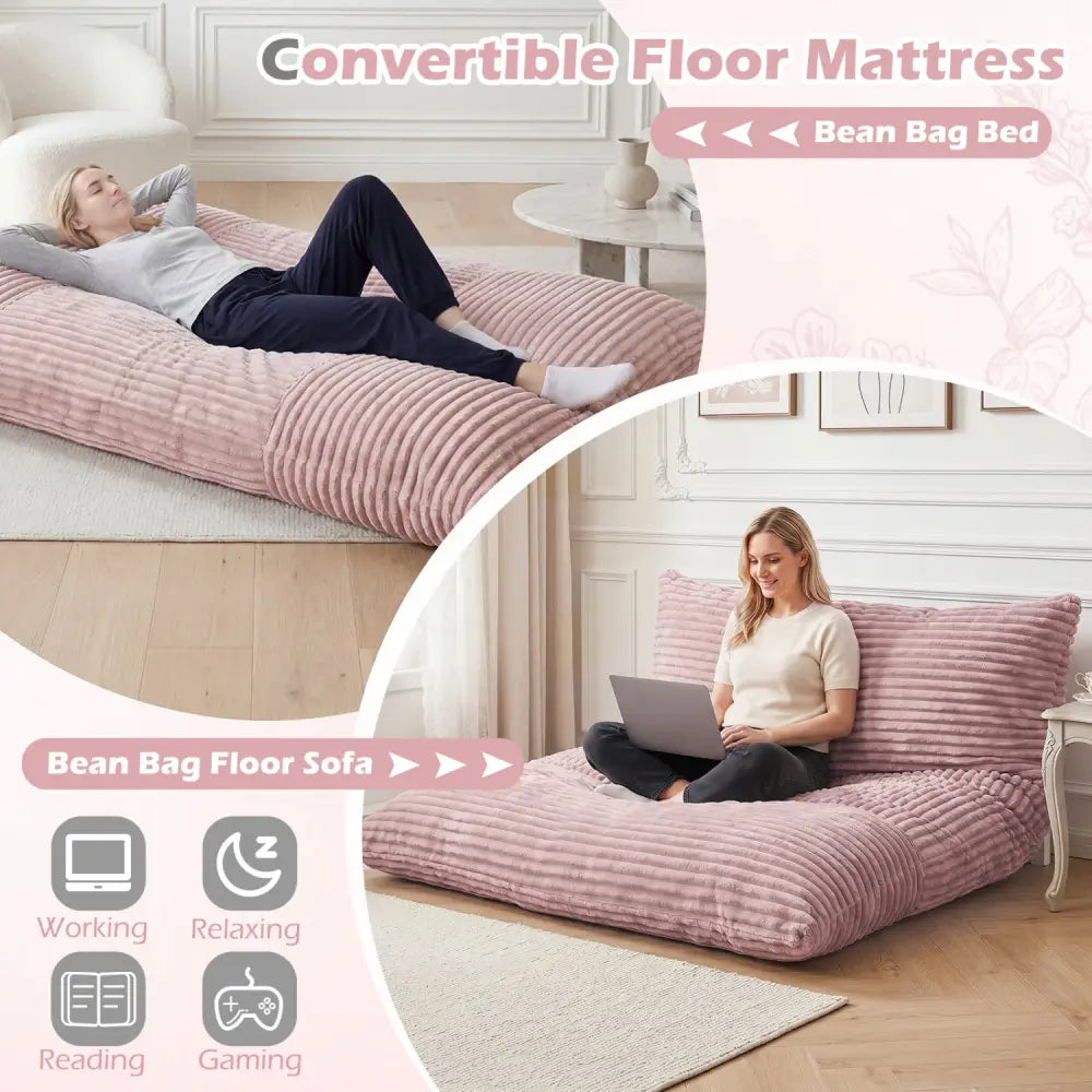 Convertible Bean Bag Floor Sofa with Machine-washable Corduroy Cover-Pink - Pink - Floor Chairs