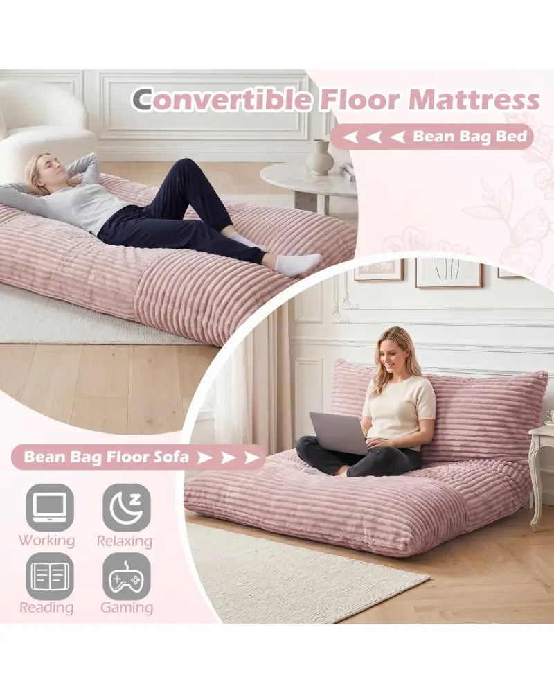 Convertible Bean Bag Floor Sofa with Machine-washable Corduroy Cover-Pink - Pink - Floor Chairs