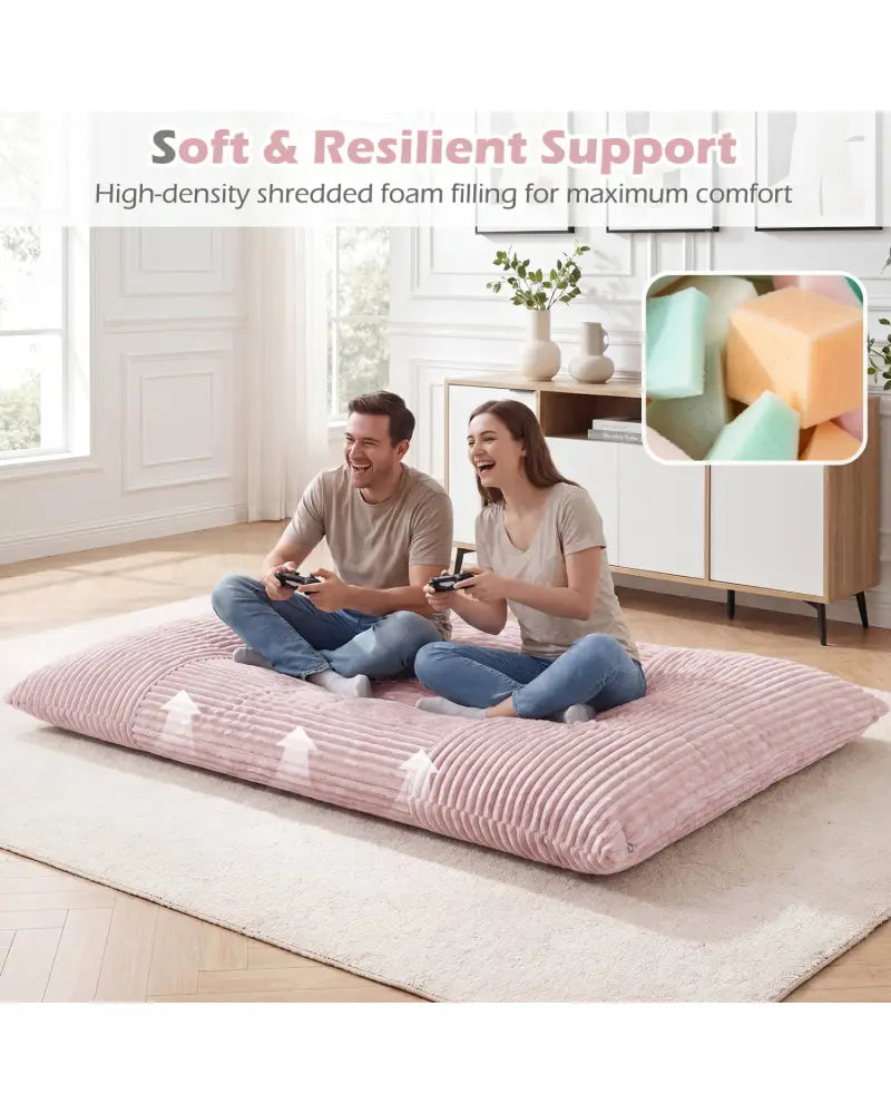 Convertible Bean Bag Floor Sofa with Machine-washable Corduroy Cover-Pink - Pink - Floor Chairs