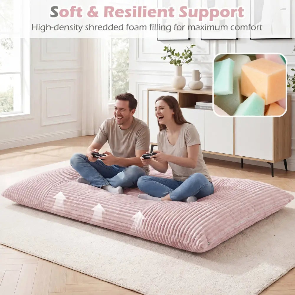 Convertible Bean Bag Floor Sofa with Machine-washable Corduroy Cover-Pink - Pink - Floor Chairs