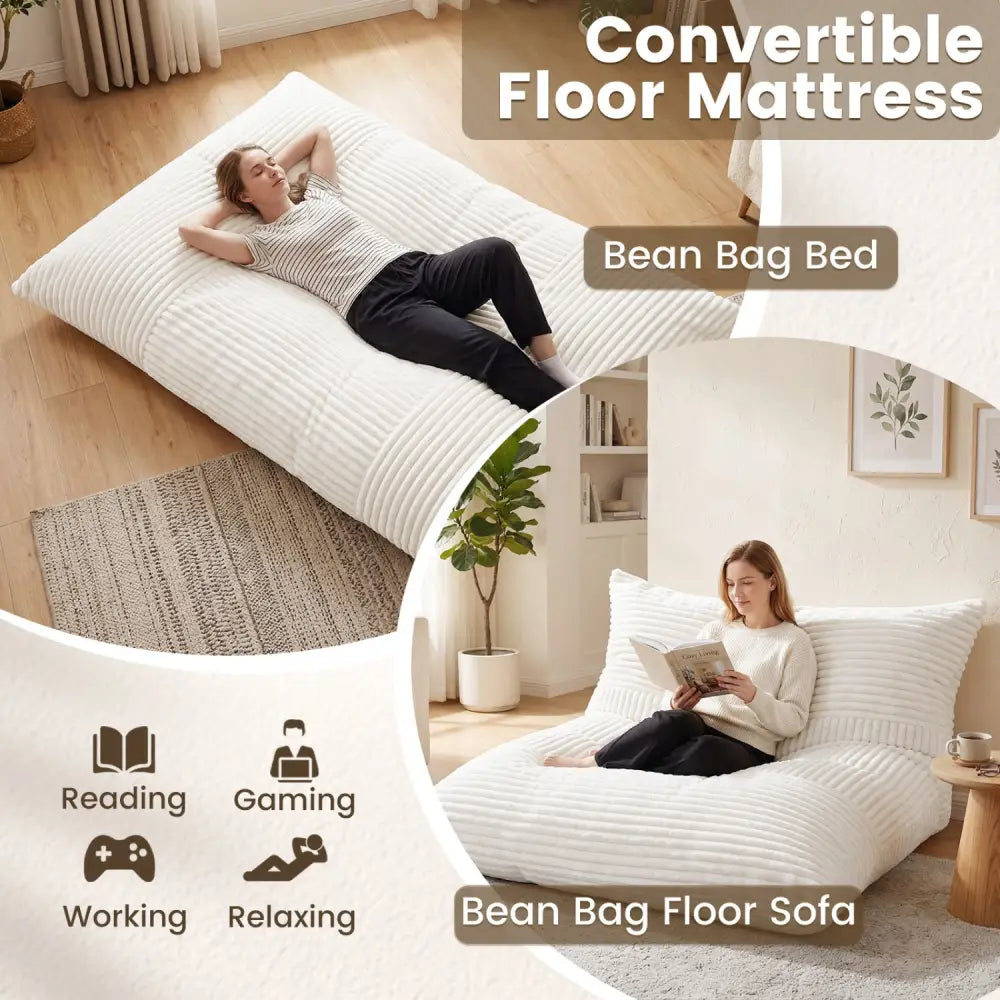 Convertible Bean Bag Floor Sofa with Machine-washable Corduroy Cover-Beige - Beige - Floor Chairs