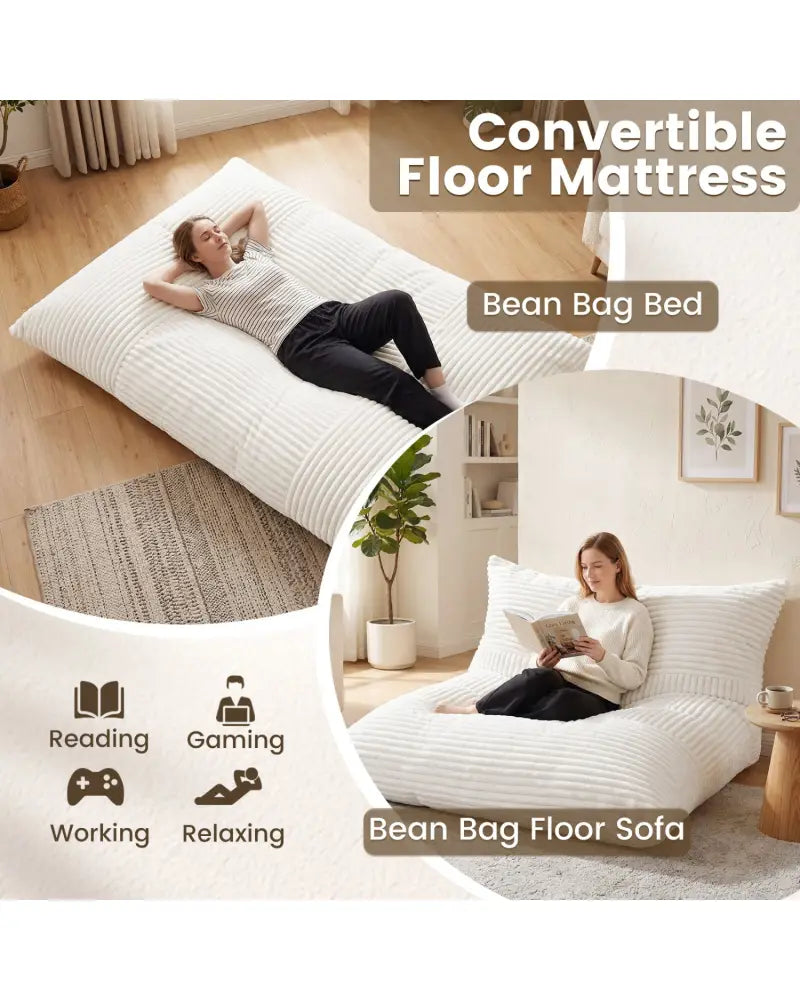 Convertible Bean Bag Floor Sofa with Machine-washable Corduroy Cover-Beige - Beige - Floor Chairs