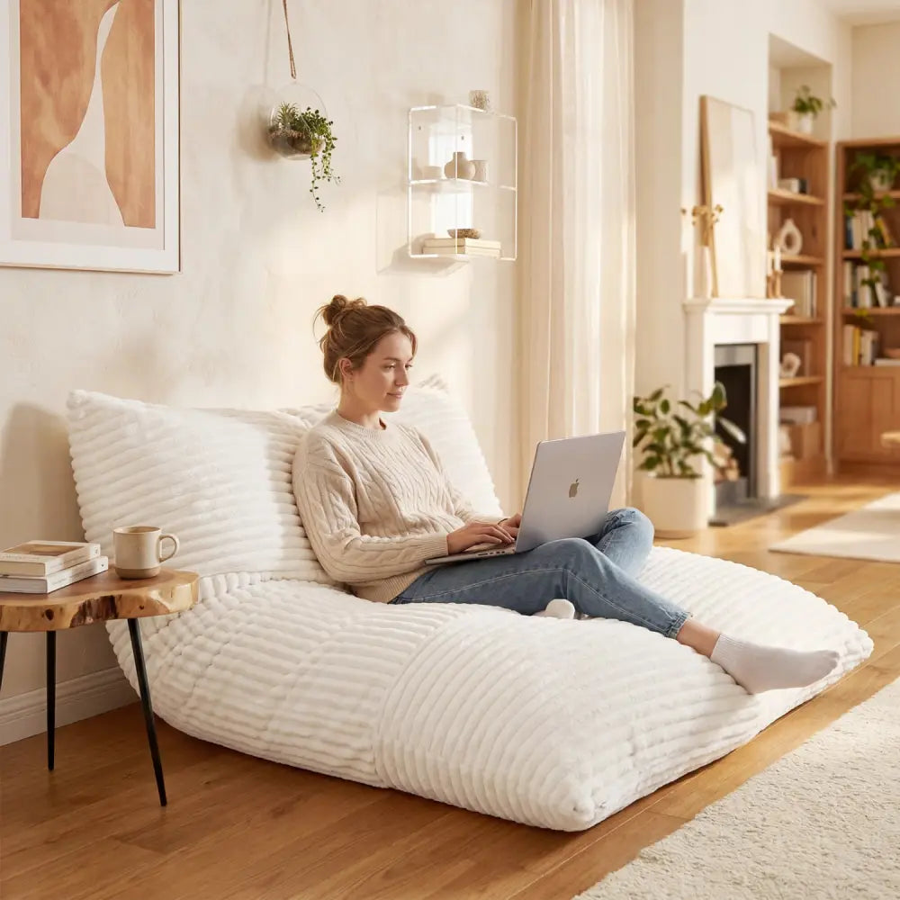 Convertible Bean Bag Floor Sofa with Machine-washable Corduroy Cover-Beige - Beige - Floor Chairs