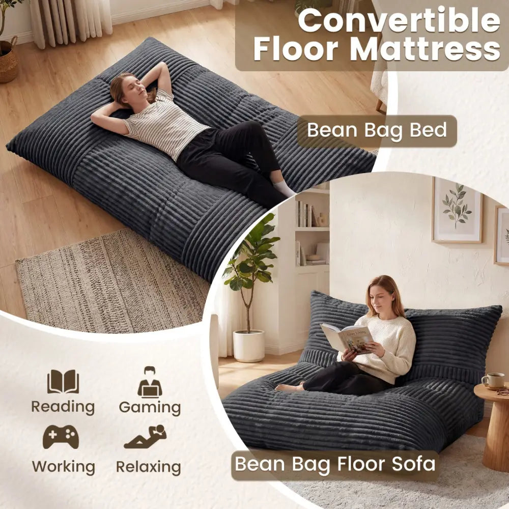 Convertible Bean Bag Floor Sofa with Machine-washable Corduroy Cover-Dark Gray - Dark Gray - Floor Chairs