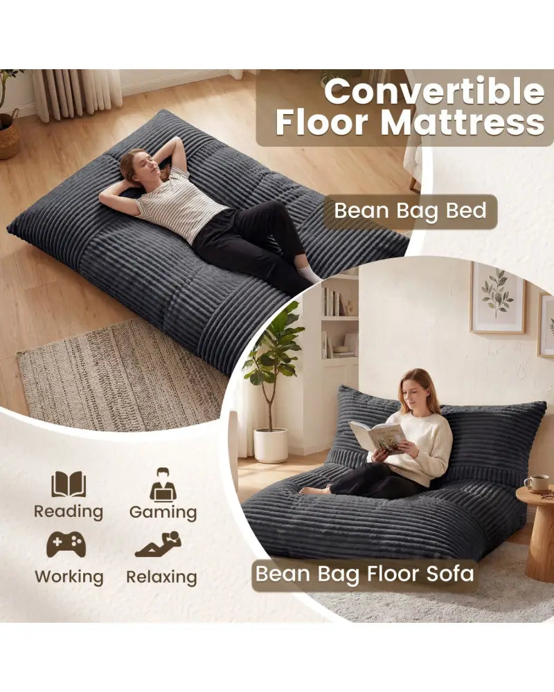 Convertible Bean Bag Floor Sofa with Machine-washable Corduroy Cover-Dark Gray - Dark Gray - Floor Chairs
