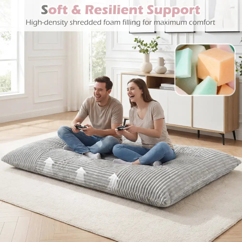 Convertible Bean Bag Floor Sofa with Machine-washable Corduroy Cover-Gray - Gray - Floor Chairs