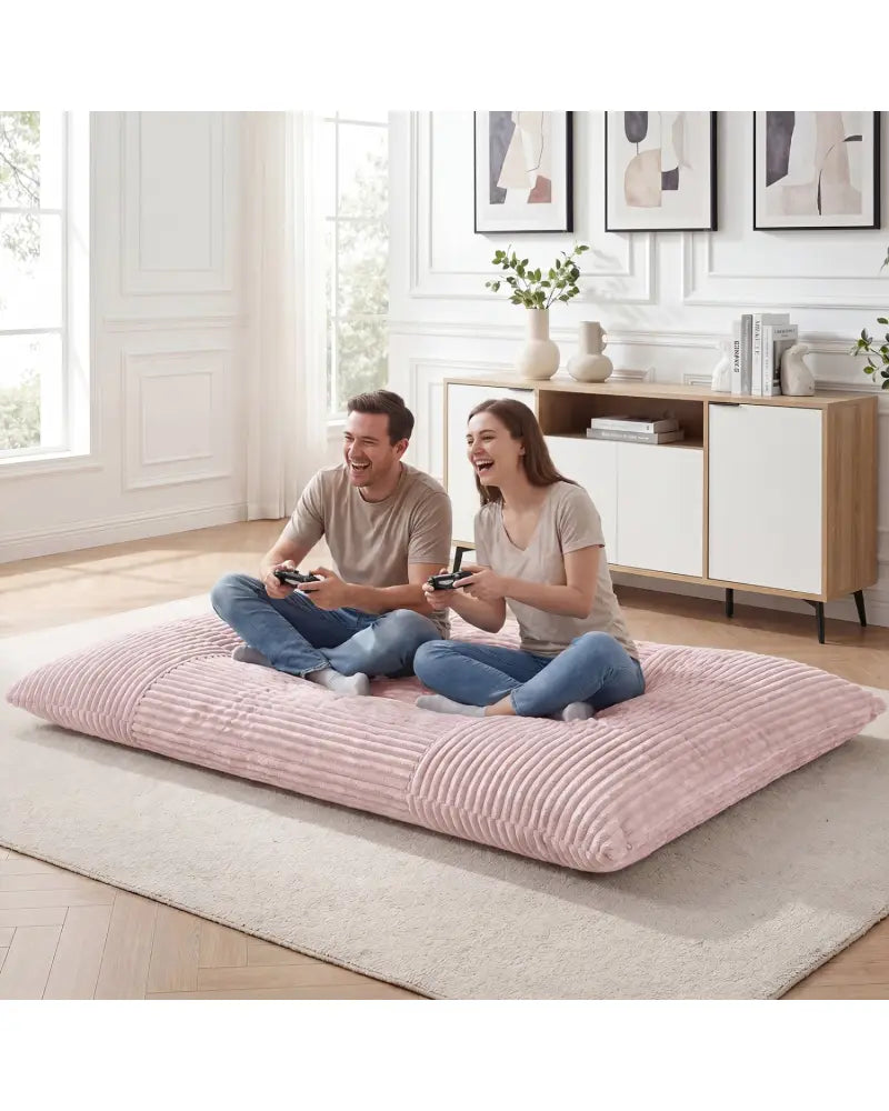 Convertible Bean Bag Floor Sofa with Machine-washable Corduroy Cover-Pink - Pink - Floor Chairs